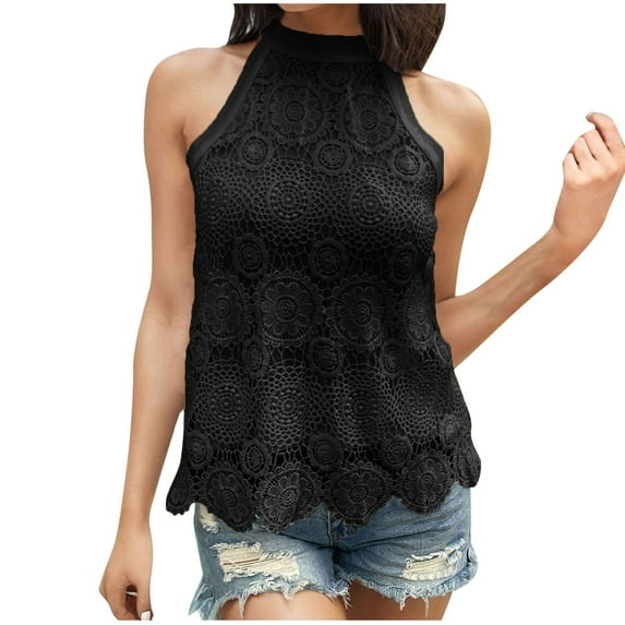 UPPADA Womens Halter Tank Tops Cute Eyelet Blosues Casual Summer Lace Tank Tops Solid Color Sleeveless Tunic Tops with Ruffle Hem Design Flowy Going Out Tops,S Black Tank Tops