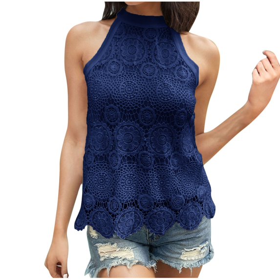 UPPADA Womens Halter Tank Tops Cute Eyelet Blosues Casual Summer Lace Tank Tops Solid Color Sleeveless Tunic Tops with Ruffle Hem Design Flowy Going Out Tops,XL Navy Tank Tops