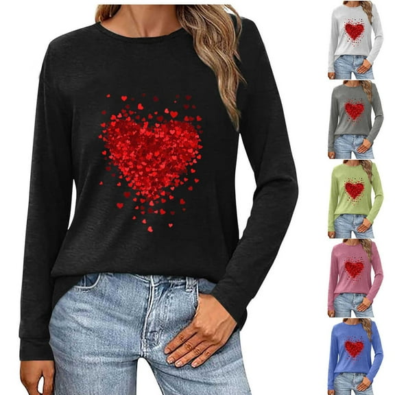 UPPADA Womens Heart Print Valentine Sweatshirt Long Sleeve Crewneck Pullover Shirt with Ribbed Texture Lightweight Casual Tops Black,L