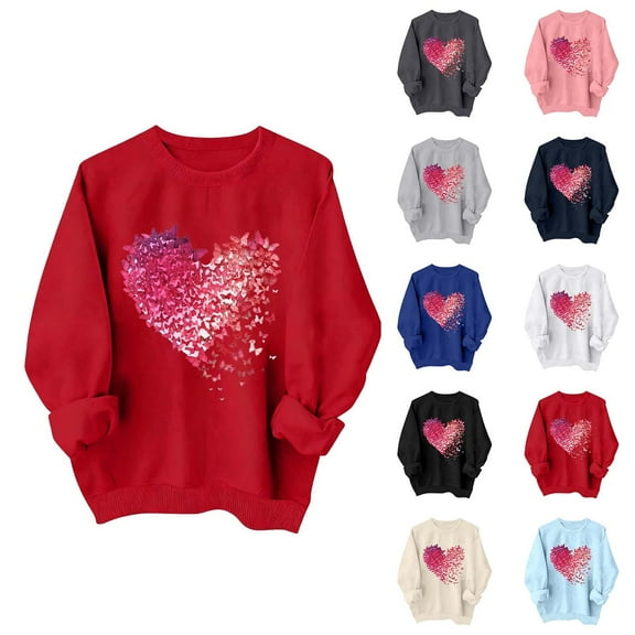 UPPADA Womens Heart Print Valentine Sweatshirt Long Sleeve Crewneck Pullover Shirt with Ribbed Texture Lightweight Casual Tops Navy,M