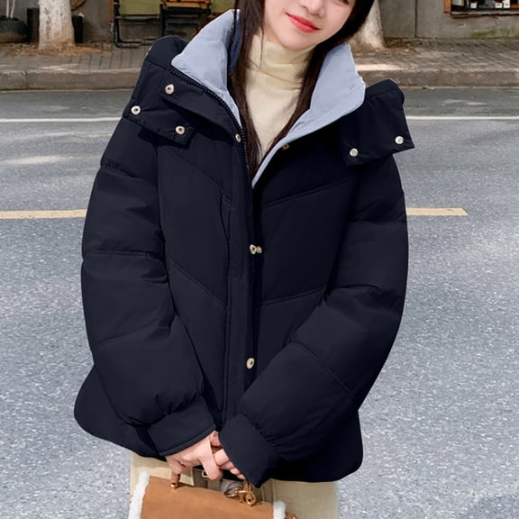 UPPADA Womens Hooded Puffer Jacket Button Down Winter Coat Warm Waterproof Winter Jacket Hooded Winter Outerwear Zip Up Clothes for Winter with Pockets Abrigo Largo Para Mujer Black,XL