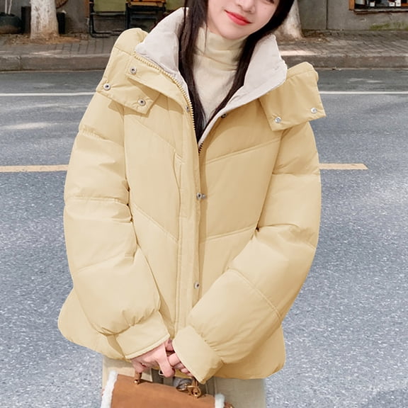 UPPADA Womens Hooded Puffer Jacket Button Down Winter Coat Warm Waterproof Winter Jacket Hooded Winter Outerwear Zip Up Clothes for Winter with Pockets Chaqueta Para Mujer Khaki,XL