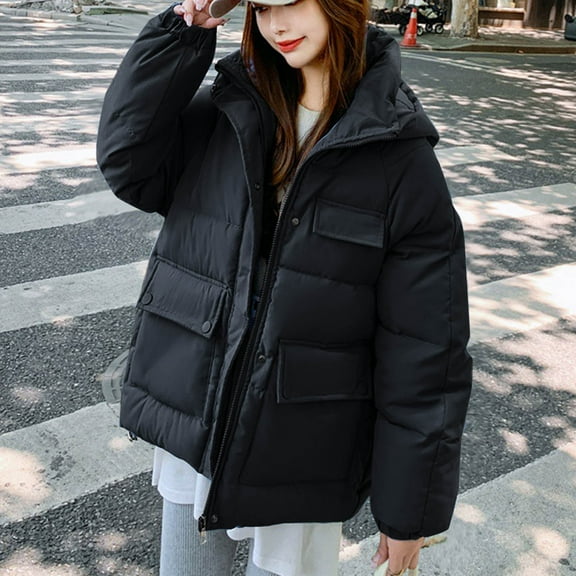 UPPADA Womens Hooded Puffer Jacket Button Down Winter Coat Warm Waterproof Winter Jacket Hooded Winter Outerwear Zip Up Clothes for Winter with Pockets Ski Jackets for Women White Black,XXL