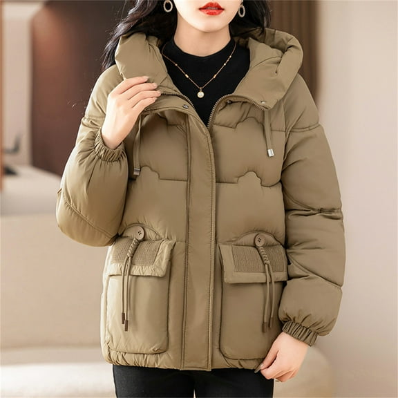 UPPADA Womens Hooded Quilted Puffer Jacket Cute Jackets Mid-Length Padded Warm Winter Heavyweight Coat Outerwear with Pockets,Brown Coat Khaki,XL