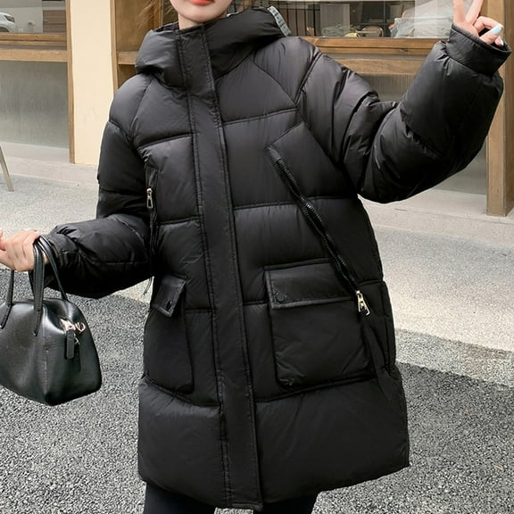 UPPADA Womens Hooded Quilted Puffer Jacket Mid-Length Padded Warm Winter Heavyweight Coat Outerwear with Pockets,Heavy Girl Winter Coat Plus Size 18 Black,M