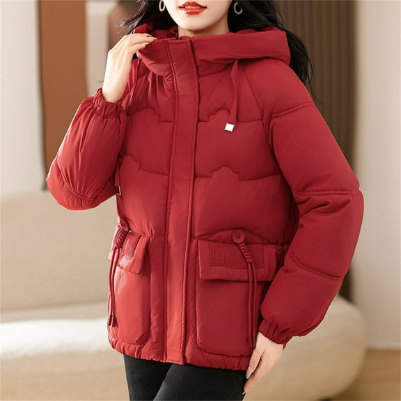 UPPADA Womens Hooded Quilted Puffer Jacket Mid-Length Padded Warm Winter Heavyweight Coat Outerwear with Pockets,Women Trench Coat with Lining Red,XXL