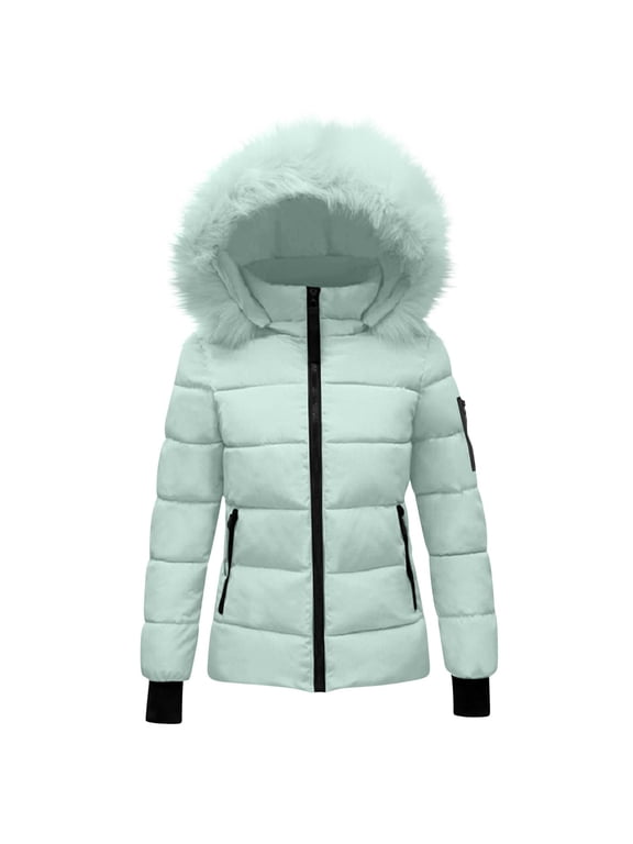 Womens Hooded Warm Winter Jackets Lightweight Full Zip Puffer Coats Long Sleeve Puffy Coats with Pockets Mint Green,L
