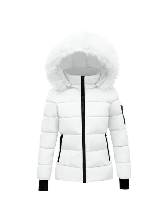 Womens Hooded Warm Winter Jackets Lightweight Full Zip Puffer Coats Long Sleeve Puffy Coats with Pockets White,M