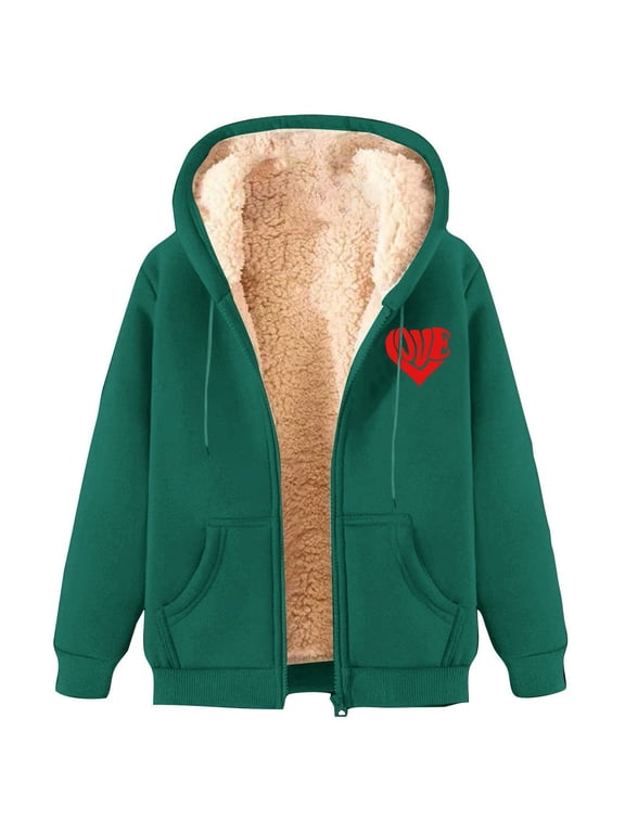 Womens Hoodies Zip up Jackets Sherpa Lined Fleece Warm Jackets Cute Sweatshirt Hooded Thick Coats Outerwear with Pocket Fall Army Green,L
