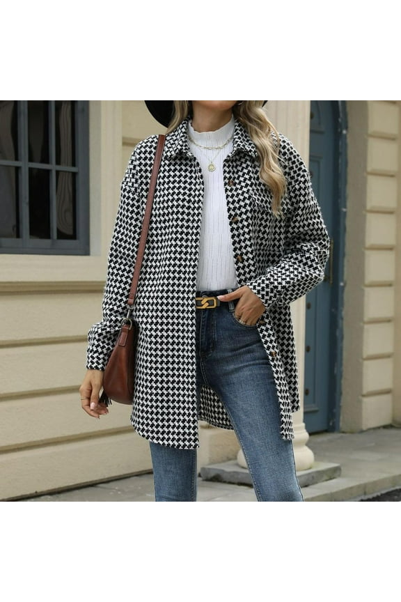 Womens Houndstooth Coat Winter Long Overcoat Lapel Woolen Trench Coats Fashion Oversized Elegant Cardigan Pea Coat