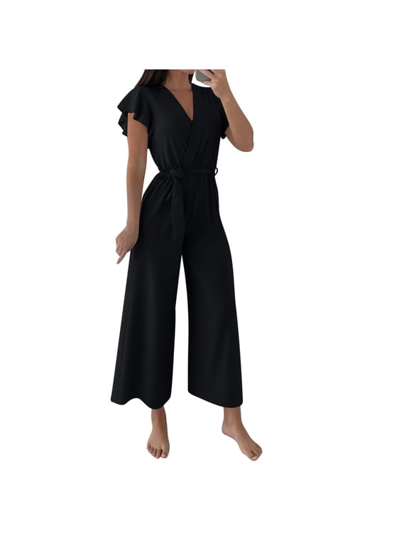Womens Jumpsuits Belted High Waist Rompers for Women One Piece Casual Outfits Dressy Jumpsuits for Women Evening Party Black,L