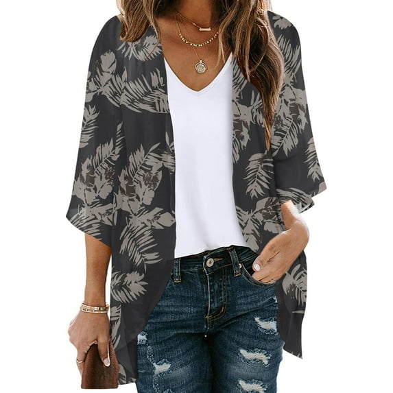 UPPADA Womens Kimono Cardigans Loose Fit Dressy Cover up Floral Print Cute Cardigan 3/4 Length Sleeve Blouses Casual Dressy Lightweight Open Front Black,M