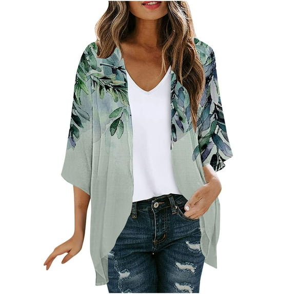 UPPADA Womens Kimono Cardigans Loose Fit Dressy Cover up Floral Print Cute Cardigan 3/4 Length Sleeve Blouses Casual Dressy Lightweight Open Front Blue,S