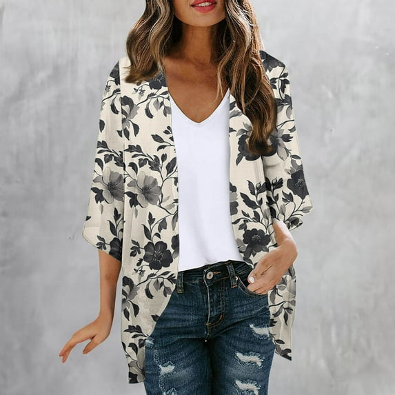 UPPADA Womens Kimono Cardigans Loose Fit Dressy Cover up Floral Print Cute Cardigan 3/4 Length Sleeve Blouses Casual Dressy Lightweight Open Front Khaki,S