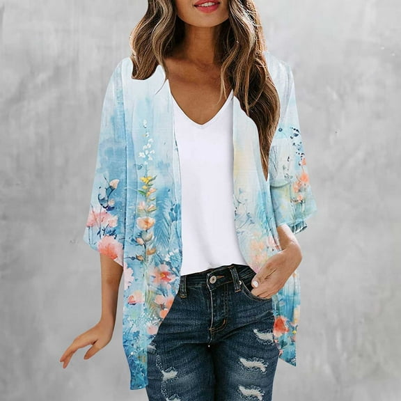 UPPADA Womens Kimono Cardigans Loose Fit Dressy Cover up Floral Print Cute Cardigan 3/4 Length Sleeve Blouses Casual Dressy Lightweight Open Front Multicolor,L