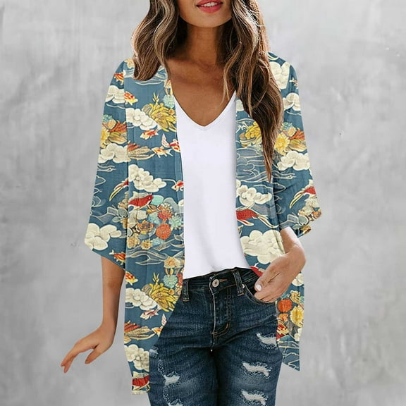 UPPADA Womens Kimono Cardigans Loose Fit Dressy Cover up Floral Print Cute Cardigan 3/4 Length Sleeve Blouses Casual Dressy Lightweight Open Front Multicolor,M