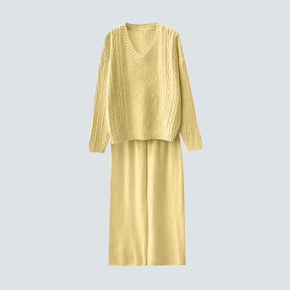 UPPADA Womens Knit Lounge Sets 2 Piece V Neck Sweater Set Casual Trendy 2 Piece Outfits Fall Winter Clothes Loose Two Piece Sets Yellow,Free Size