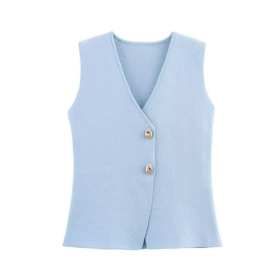 UPPADA Womens Knit Sleeveless Tops Lightweight Button Down Blouses Dressy Solid Color V Neck Tank Tops Comfy Cropped Ribbed Tank Tops,L Blue Tank Tops