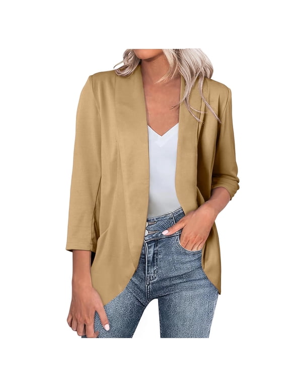 Womens Light Weight Summer Jacket Collarless 3/4 Sleeve Lightweight Open Front Casual Work Office Business Suit Jacket Khaki,M