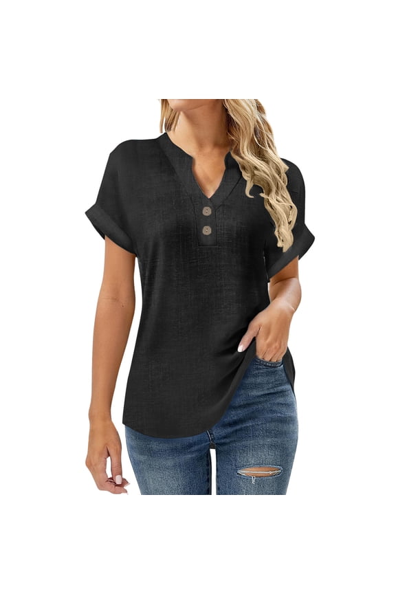 Womens Linen Button Shirt Dressy Short Sleeve Summer Tops Casual V Neck Blouses Comfy Henley Tops Vacation Fashion Clothes Summer Trendy Short Sleeve Blouses Black,XL