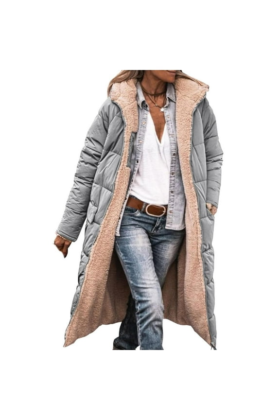 Womens Long Puffer Coat Reversible Fleece Jacket Shearling Parka Jackets Loose Winter Coats for Women with Hood Light Blue,XXL Winter Coats for Women with Hood