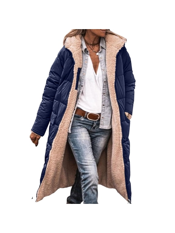 Womens Long Puffer Coat Reversible Fleece Jacket Shearling Parka Jackets Loose Winter Coats for Women with Hood Navy,XXXL Fleece Hoodie Jackets for Women