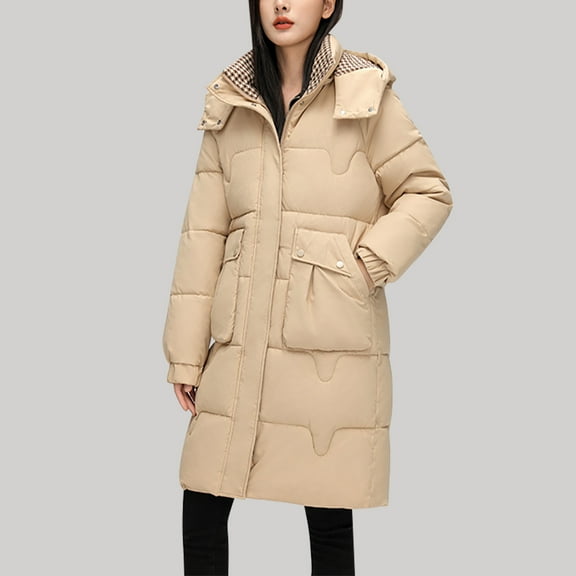 UPPADA Womens Long Puffer Jackets Hooded Winter Warm Coats Thicken Heavyweight Ski Jackets Loose Outwear with Pocekets Khaki,2xl Winter Coat for Women