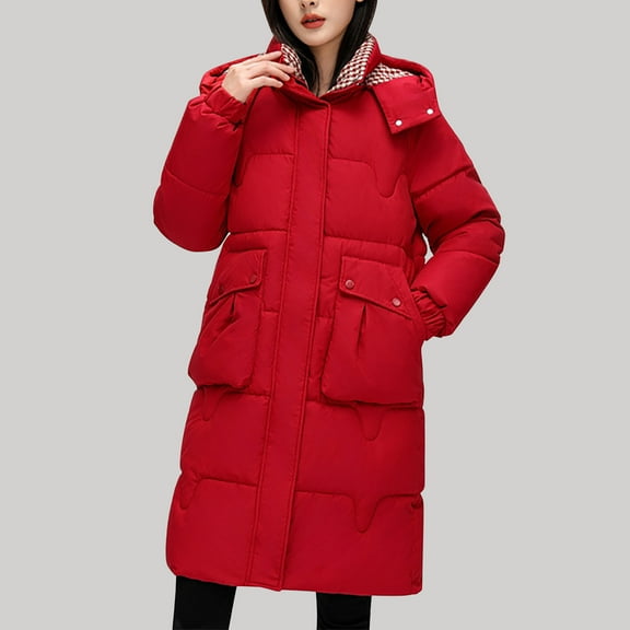 UPPADA Womens Long Puffer Jackets Hooded Winter Warm Coats Thicken Heavyweight Ski Jackets Loose Outwear with Pocekets Red,L Winter Coat for Women Winter