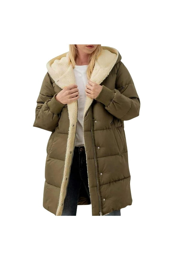 Womens Long Puffer Jackets Solid Casual Thicker Winter Slim Down Jacket Coat Overcoat with Faux Fur Hooded Winter Warm Clothes Army Green,L Winter Jacket for Women
