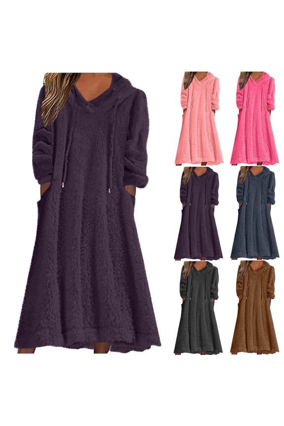 Womens Long Sleeve Dress Fleece Dress Crewneck Maxi Dress Trendy Home Sleep Dress Drawstring Comfy Pullover Dress with Pockets Brown,XXL