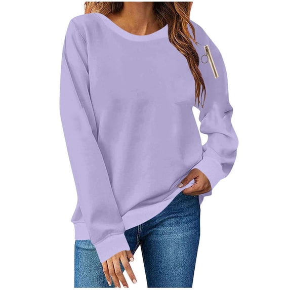 UPPADA Womens Long Sleeve Pullover Tops Trendy Crew Neck Sweatshirts with Zipper Keys Pockets Casual Comfy Fall Winter Outwear Loose Fit Shirts Purple,S