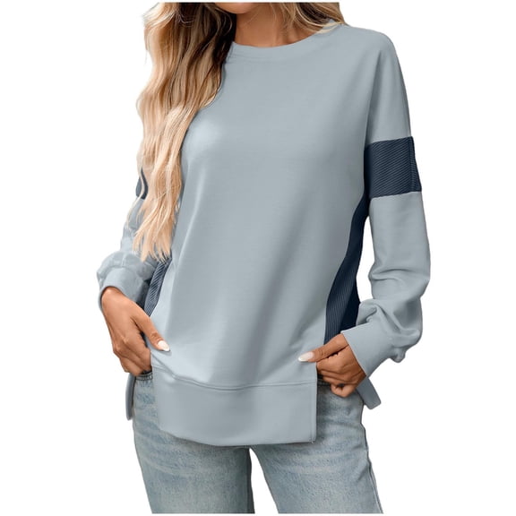 UPPADA Womens Long Sleeve Shirts Trendy Elegant Pullover Tops Casual Crewneck Hoodies Solid Basic Side Slit Blouses Tops Fall Blue,L