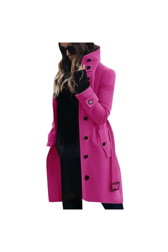 Womens Long Trench Coats Dressy Lady Medium Length Outerwear Windbreaker Wool Pea Coats Warm Winter Trench Coat Hot Pink,M