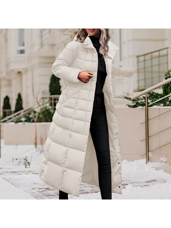 Womens Long Zip up Puffer Coats Trendy Over Knee Hooded Heavy Puffy Down Jacket Maxi Quilted Winter Overcoat with Pockets White,S
