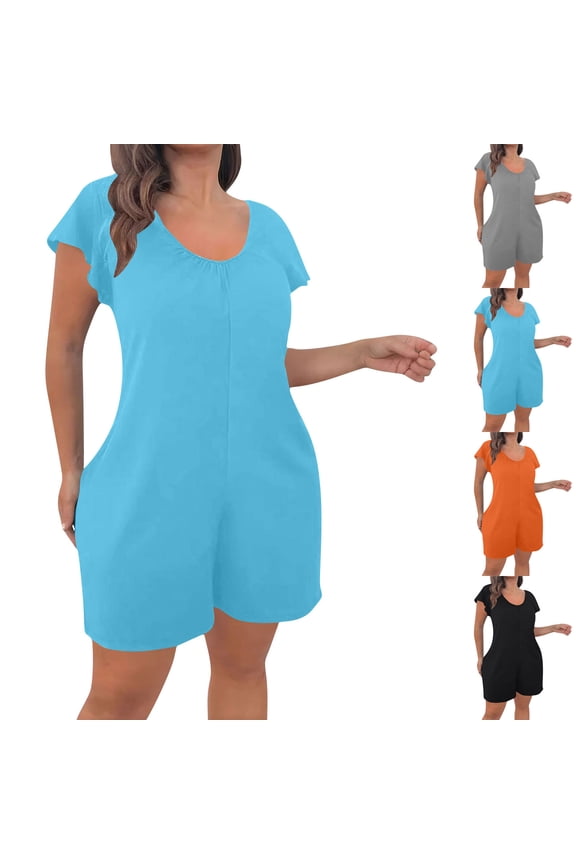 Womens Loose Fit Romper Ruffled Short Sleeve Crewneck Jumpsuit Casual Comfort Ruched Bust Summer Overall with Pockets Black,L