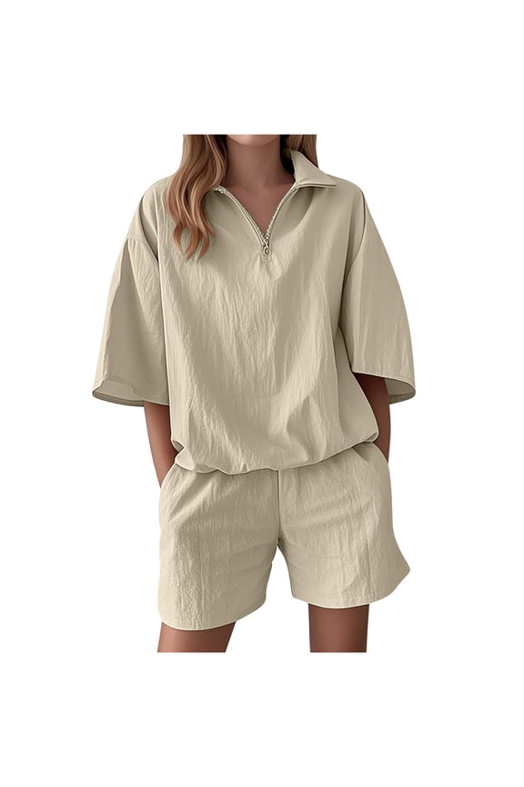 Womens Matching Summer Sets Two Piece Lounge Set V Neck Lapel Shirts and Shorts Sets Comfy Matching Sets Casual Outfits Beige,XL