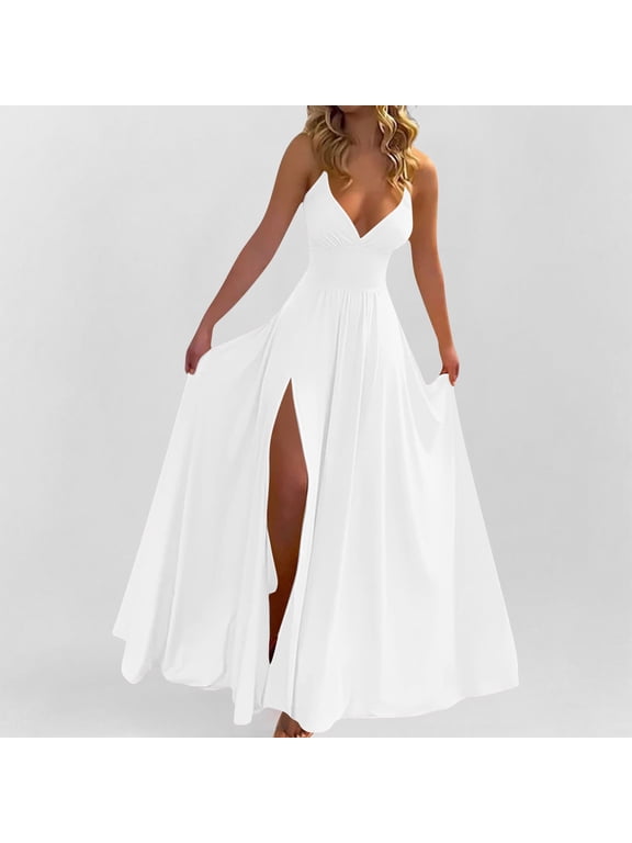 Womens Maxi Dress Spaghetti Straps Deep V Neck Wrap Dress Elegant Slim Fit Cocktail Party Dress Ruched Bridesmaid Evening Dress Split Long Dress White,S