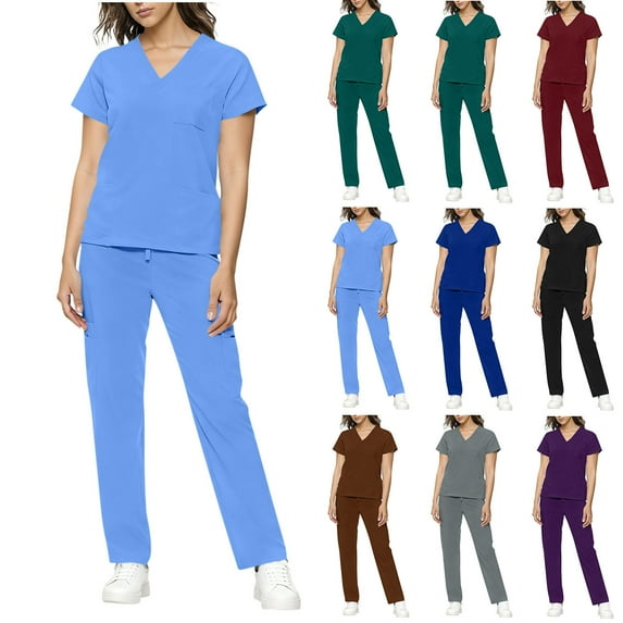 UPPADA Womens Medical Scrub Set Short Sleeve V Neck Scrub Top with Straight Leg Pants Comfy Scrubs Set with Functional Pockets for Healthcare Workers Gray,S