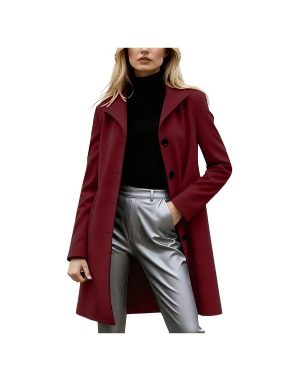 Womens Mid Long Laple Pea Coat Trendy Wool Blend Single Breasted Trench Coats Winter Long Sleeve Overcoat Wine,XXL