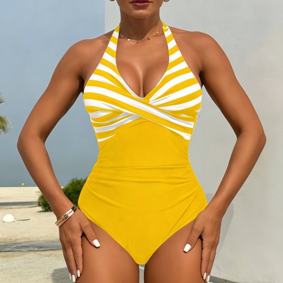 UPPADA Womens One Piece Bathing Suits Tummy Control V Neck Solid Color Swimwear Elastic Flattering Swimsuits Cute Tummy Control Bathing Suits Yellow,M
