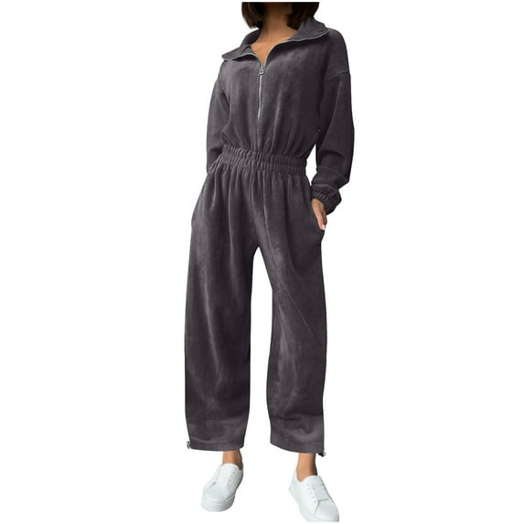 UPPADA Womens One Piece Jumpsuit Sets Travel Outfits Half Zip Overall Wide Leg Pants Dressy Outfits for Women Dark Gray,XL