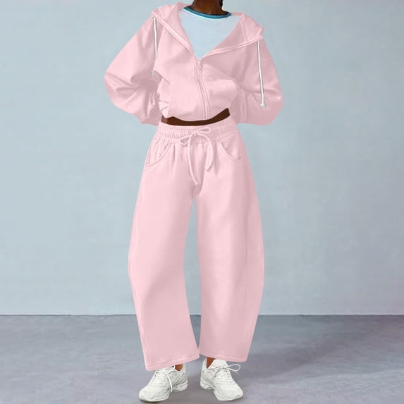 UPPADA Womens Outfits,Women Two Piece Fall Outfits 2 Pc Oversized Outfits Fleece Zip up Hoodie Matching Drawstring Joggers Tracksuit Sets with Pockets Pink,M