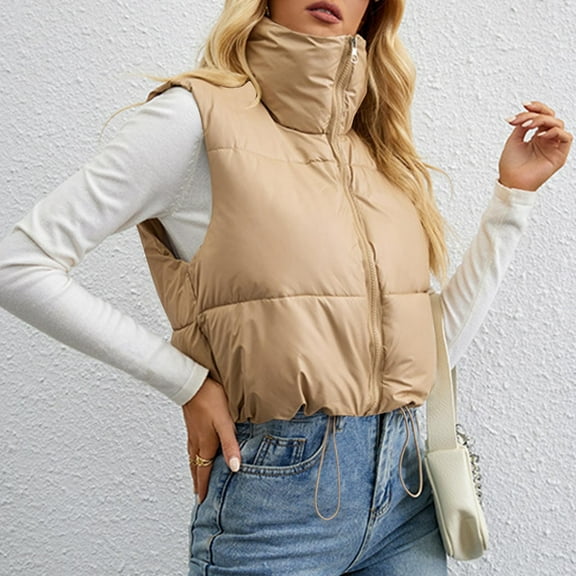 UPPADA Womens Oversized Puffer Vest Lightweight Winter Warm Stand Collar Padded Puffy Jackets Coats with Plush Pockets Ski Jackets for Women Khaki,M