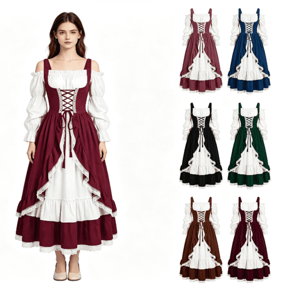 UPPADA Womens Pirate Irish Ren Faire Dresses Medieval Cold Shoulder Lace Up Corset Dress Halloween Fairy Costume Renaissance Ball Gown Coffee,XL