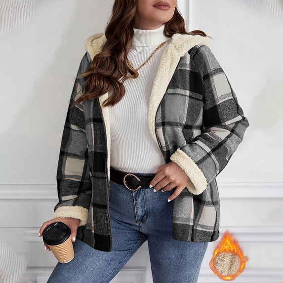 UPPADA Womens Plaid Button Up Shirts Fall Shacket Jacket Long Sleeve Fleece Lined Hooded Jackets Fall Winter Warm Coat,Woman Button Down Shirt,S