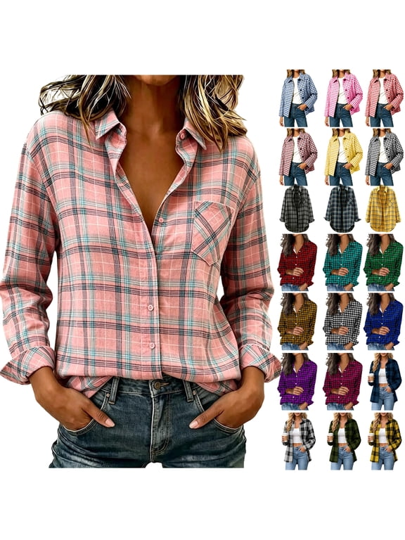 Womens Plaid Long Sleeve Button Down Shirts Casual Lightweight Collared Tops Trendy Loose Fit Checkered Work Blouses Hot Pink,XXL
