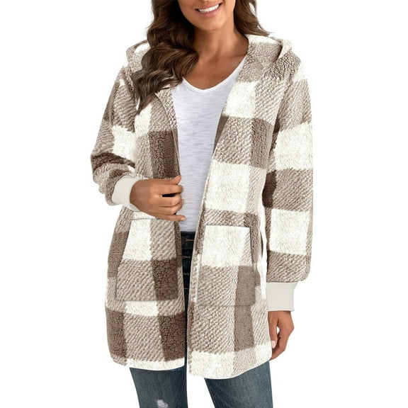 UPPADA Womens Plaid Shacket Jacket Long Sleeve Button Down Flannel Hooded Jackets Warm Coat Women Plaid Tunic Tops Casual Shirts with Pockets Khaki,L