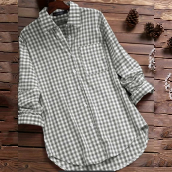 UPPADA Womens Plaid Shirts Flannel Shacket Jacket Basic Casual V Neck Plaid Print Cuffed Long Sleeve Work Tops Blouses Shirts Womens Plus Plaid,Gray S-5xl