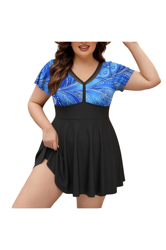 Womens Plus Size 2 Piece Swimsuit Short Sleeve Mesh Tankini with High Waisted Shorts Modest Comfy Swimwear Flowy Skirted Full Coverage Bathing Suit Navy,XXXXL