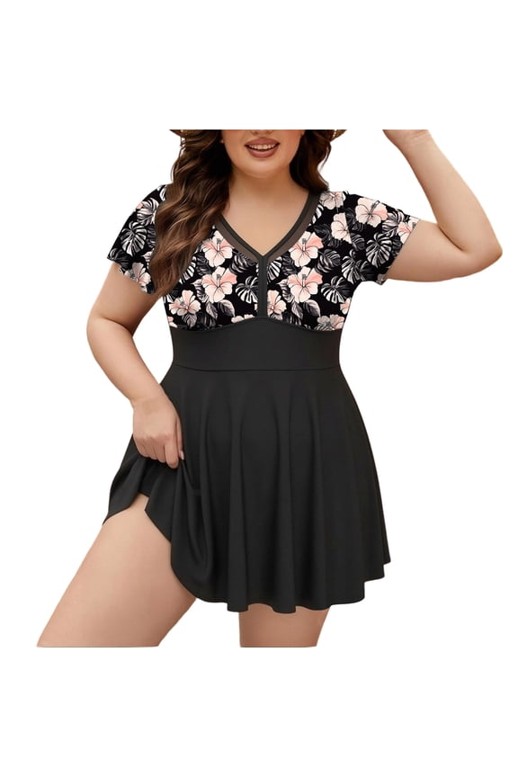Womens Plus Size 2 Piece Swimsuit Short Sleeve Mesh Tankini with High Waisted Shorts Modest Comfy Swimwear Flowy Skirted Full Coverage Bathing Suit Pink,XXL